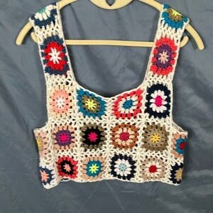 Unbranded:Granny-square Crochet Knit Crop Tank Top Floral Colorful Boho-One Size